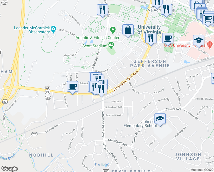 map of restaurants, bars, coffee shops, grocery stores, and more near 2111 U.S. 29 Business in Charlottesville