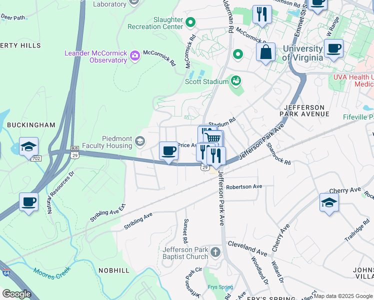 map of restaurants, bars, coffee shops, grocery stores, and more near 2311 Fontaine Avenue Extension in Charlottesville