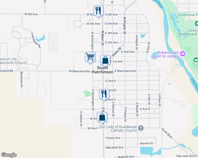 map of restaurants, bars, coffee shops, grocery stores, and more near 1-99 W Ave A in South Hutchinson