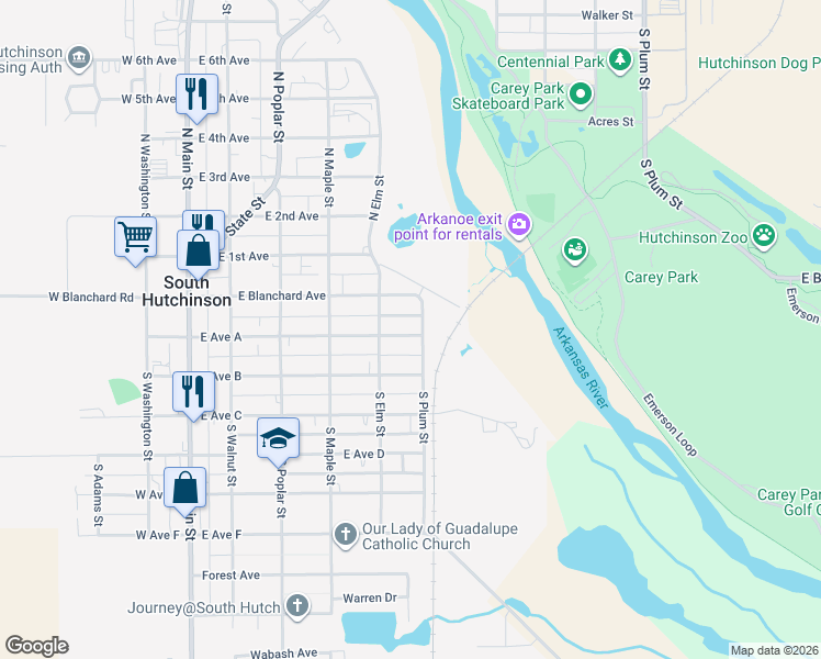 map of restaurants, bars, coffee shops, grocery stores, and more near 421 East Avenue A in South Hutchinson