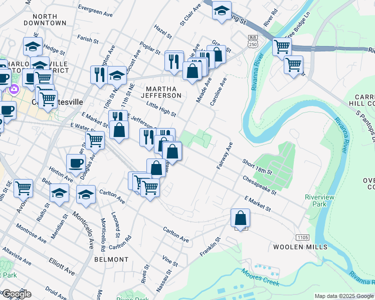 map of restaurants, bars, coffee shops, grocery stores, and more near 1310 Chesapeake Street in Charlottesville