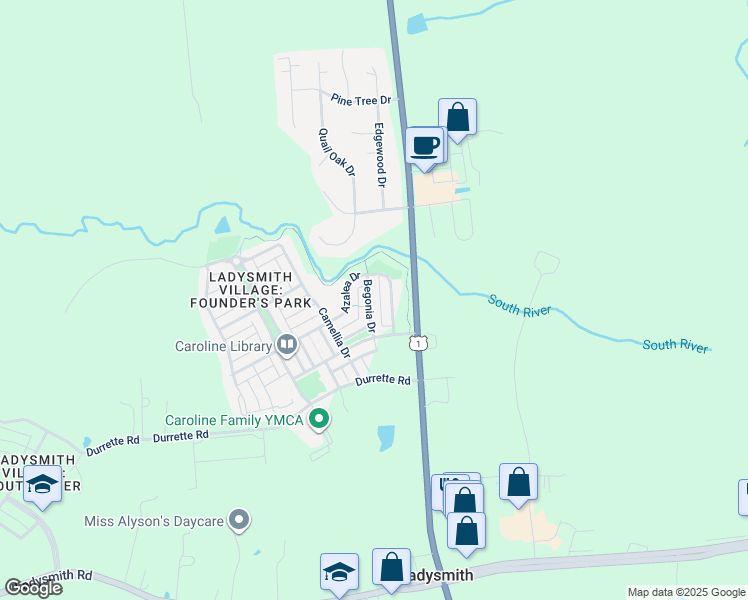 map of restaurants, bars, coffee shops, grocery stores, and more near 17213 Begonia Drive in Ruther Glen