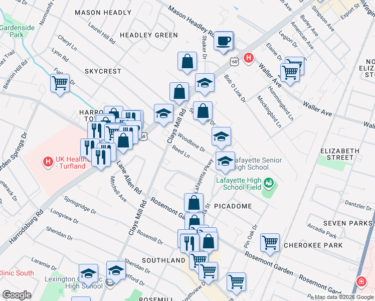 map of restaurants, bars, coffee shops, grocery stores, and more near 513 Reed Lane in Lexington