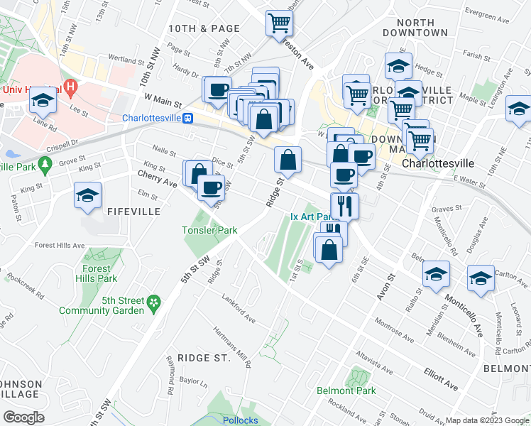 map of restaurants, bars, coffee shops, grocery stores, and more near 507 Ridge Street in Charlottesville