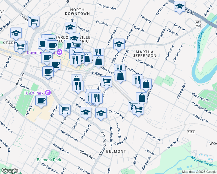 map of restaurants, bars, coffee shops, grocery stores, and more near 202 Douglas Avenue in Charlottesville