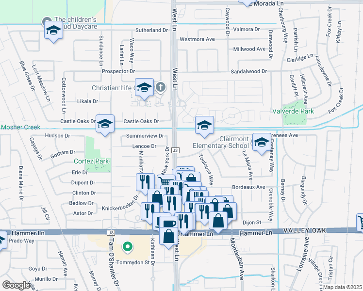 map of restaurants, bars, coffee shops, grocery stores, and more near 1553 Pyrenees Avenue in Stockton