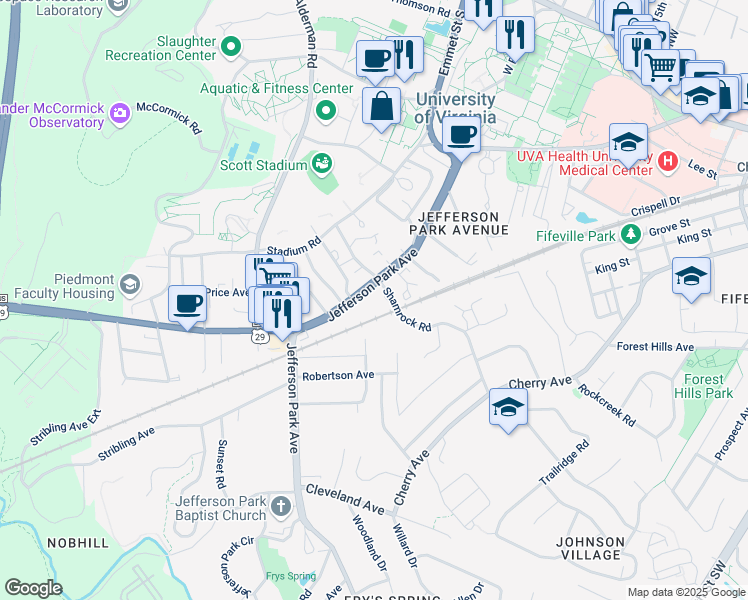 map of restaurants, bars, coffee shops, grocery stores, and more near 1904 Jefferson Park Avenue in Charlottesville