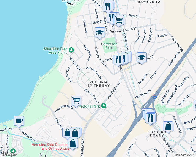 map of restaurants, bars, coffee shops, grocery stores, and more near 115 South Arbor Bay in Hercules
