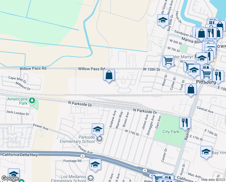 map of restaurants, bars, coffee shops, grocery stores, and more near 671 Willow Pass Road in Pittsburg