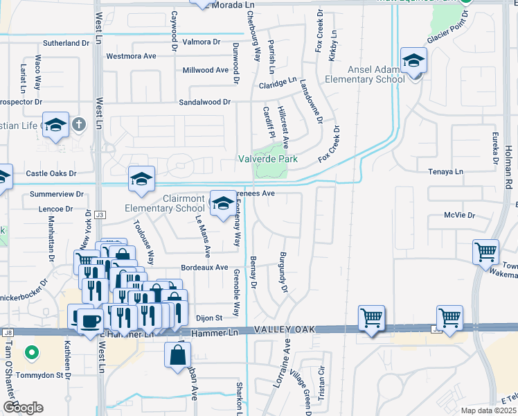 map of restaurants, bars, coffee shops, grocery stores, and more near 8403 Cherbourg Way in Stockton