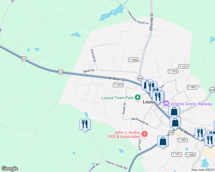 map of restaurants, bars, coffee shops, grocery stores, and more near 319 Cardinal Road in Louisa