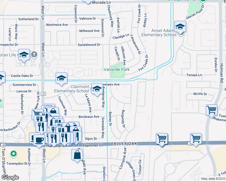 map of restaurants, bars, coffee shops, grocery stores, and more near 8403 Cherbourg Way in Stockton