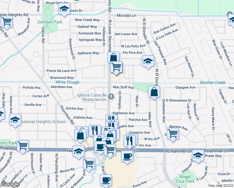 map of restaurants, bars, coffee shops, grocery stores, and more near 8423 Galloway Drive in Stockton
