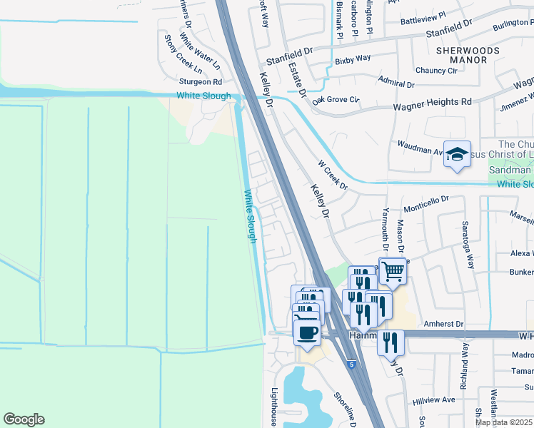 map of restaurants, bars, coffee shops, grocery stores, and more near 8429 Mariners Drive in Stockton