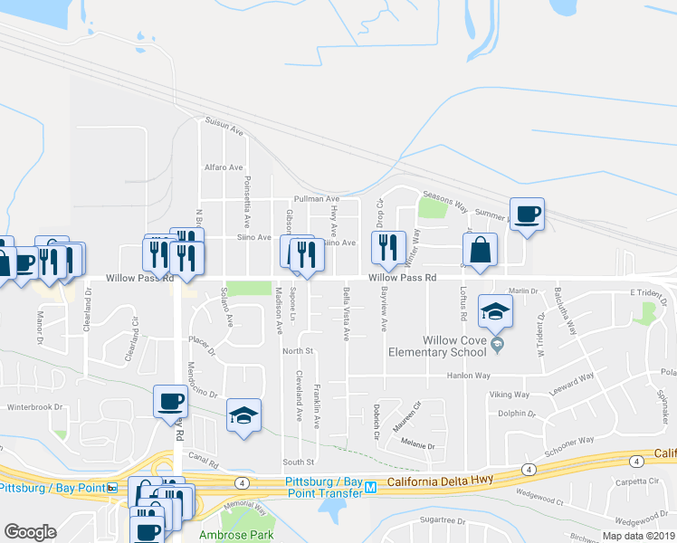 map of restaurants, bars, coffee shops, grocery stores, and more near 2315 Willow Pass Road in Bay Point