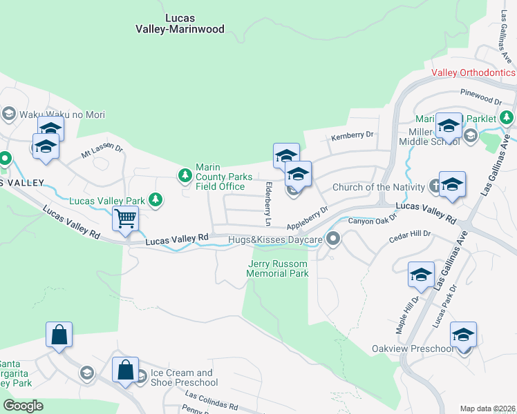 map of restaurants, bars, coffee shops, grocery stores, and more near 2125 Elderberry Lane in San Rafael