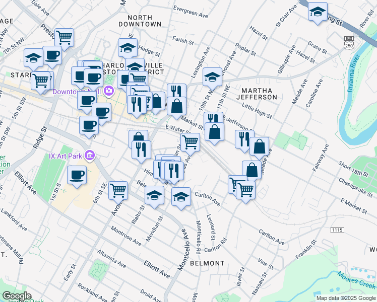 map of restaurants, bars, coffee shops, grocery stores, and more near 209 Douglas Avenue in Charlottesville