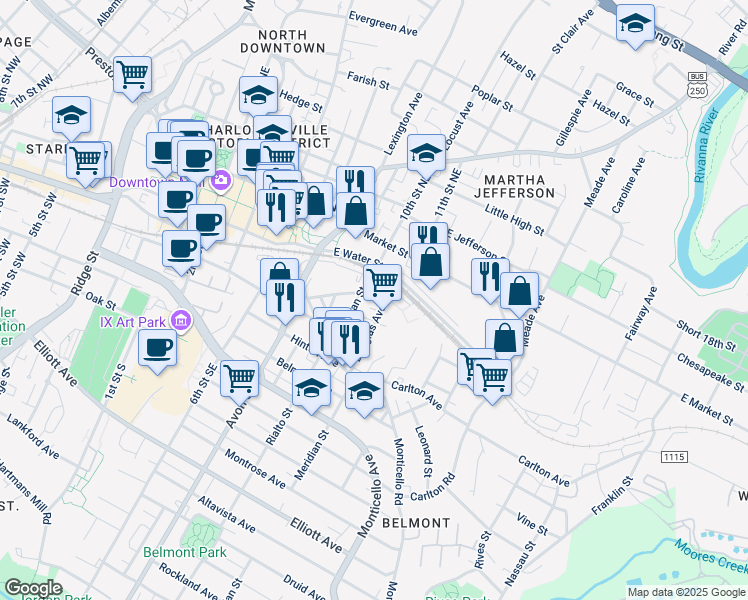 map of restaurants, bars, coffee shops, grocery stores, and more near 209 Douglas Avenue in Charlottesville