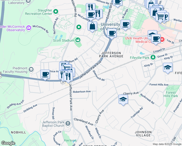 map of restaurants, bars, coffee shops, grocery stores, and more near 1904 Jefferson Park Avenue in Charlottesville