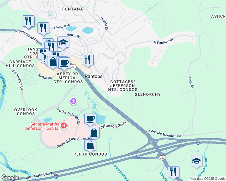 map of restaurants, bars, coffee shops, grocery stores, and more near 1320 Pantops cottage Court in Charlottesville