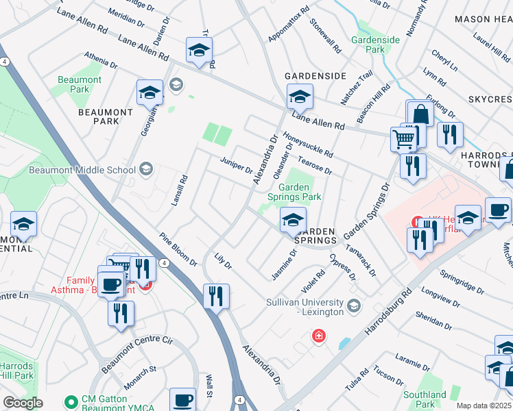 map of restaurants, bars, coffee shops, grocery stores, and more near 2100 Winterberry Drive in Lexington