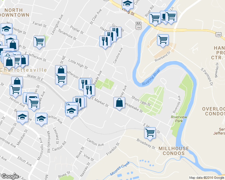 map of restaurants, bars, coffee shops, grocery stores, and more near 109 Chisholm Place in Charlottesville