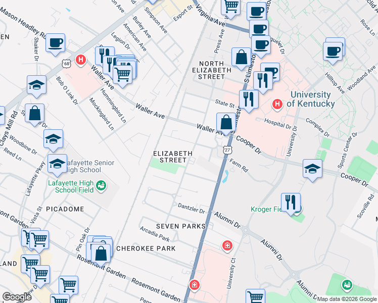 map of restaurants, bars, coffee shops, grocery stores, and more near 1505 Elizabeth Street in Lexington