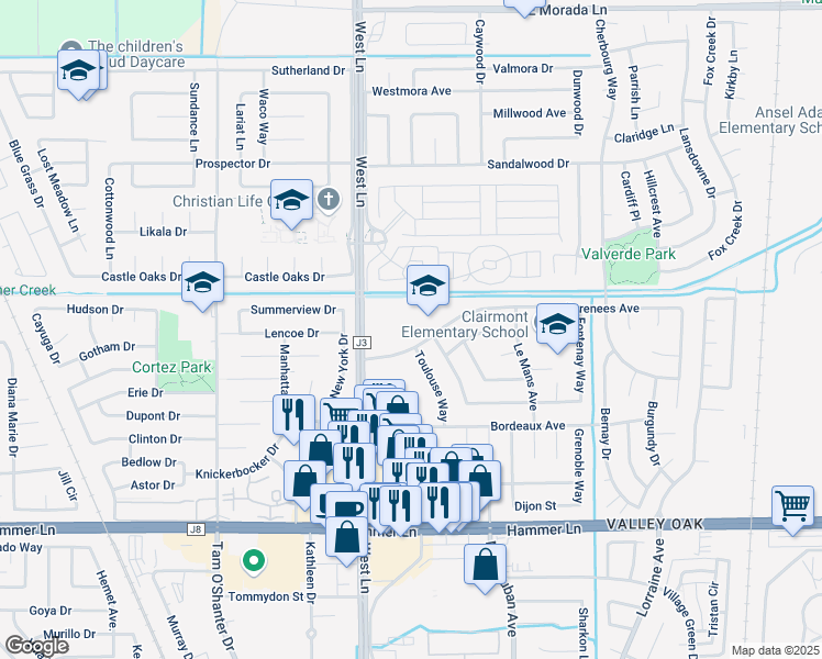 map of restaurants, bars, coffee shops, grocery stores, and more near 1661 Pyrenees Avenue in Stockton