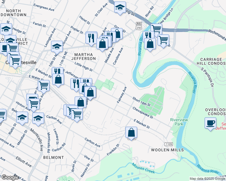 map of restaurants, bars, coffee shops, grocery stores, and more near 109 Chisholm Place in Charlottesville