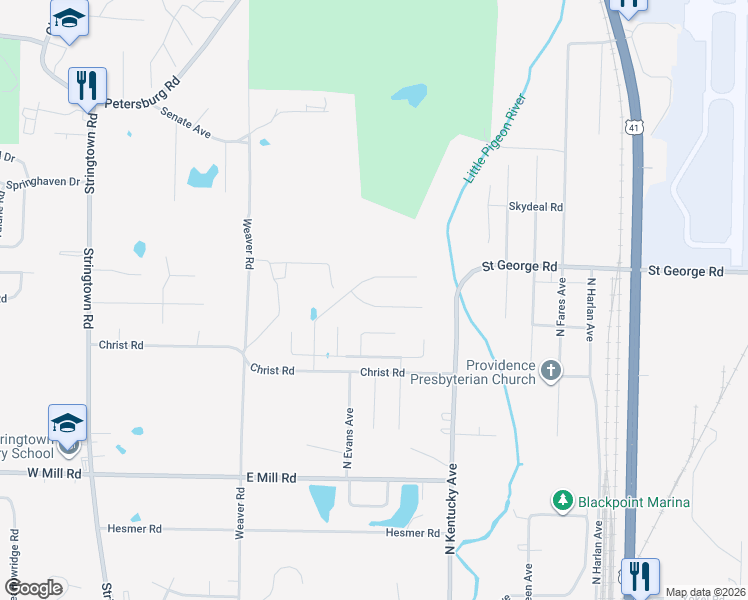 map of restaurants, bars, coffee shops, grocery stores, and more near 812 Groveview Court in Evansville