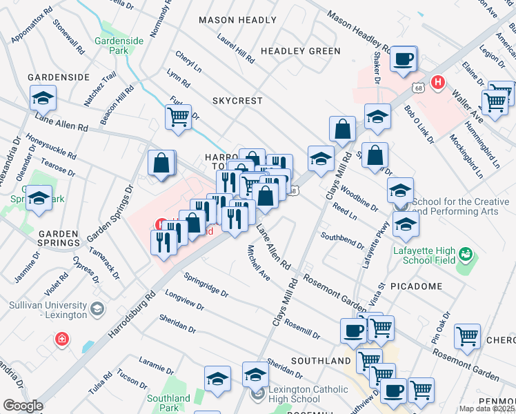map of restaurants, bars, coffee shops, grocery stores, and more near 1998 Harrodsburg Road in Lexington