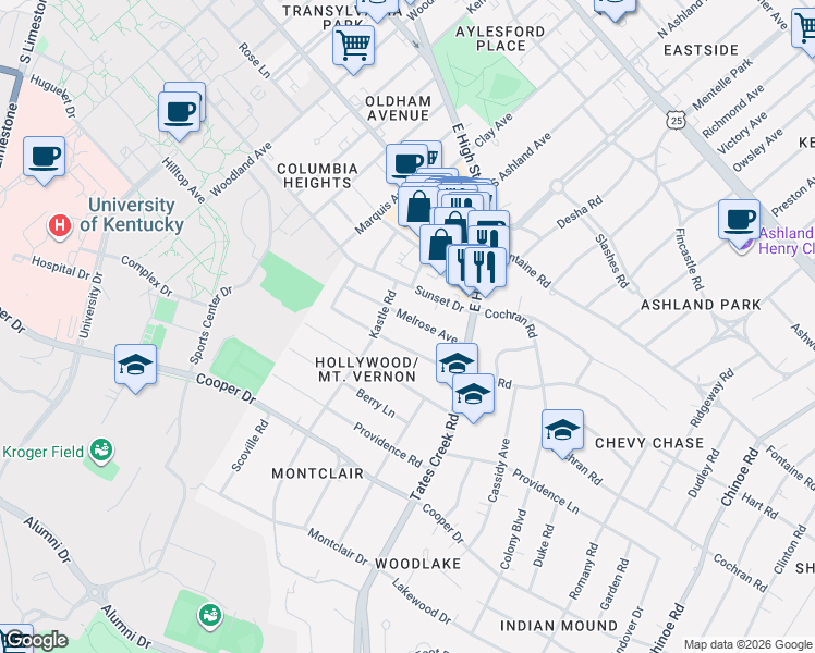map of restaurants, bars, coffee shops, grocery stores, and more near 820 Tremont Avenue in Lexington