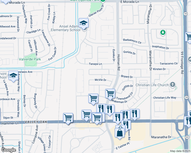 map of restaurants, bars, coffee shops, grocery stores, and more near 3210 Bryant Drive in Stockton