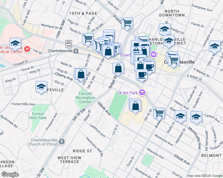 map of restaurants, bars, coffee shops, grocery stores, and more near Almere Avenue in Charlottesville