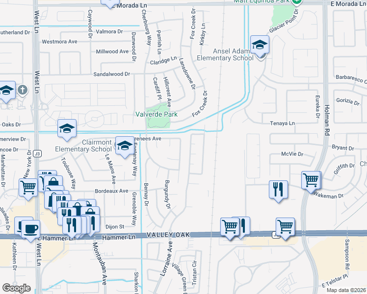 map of restaurants, bars, coffee shops, grocery stores, and more near 8413 Neubourg Drive in Stockton