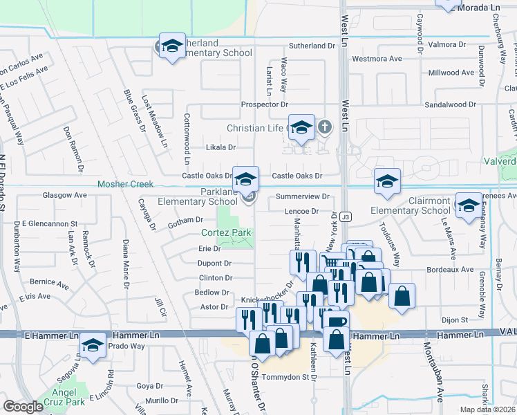 map of restaurants, bars, coffee shops, grocery stores, and more near 8358 Tam O'Shanter Drive in Stockton