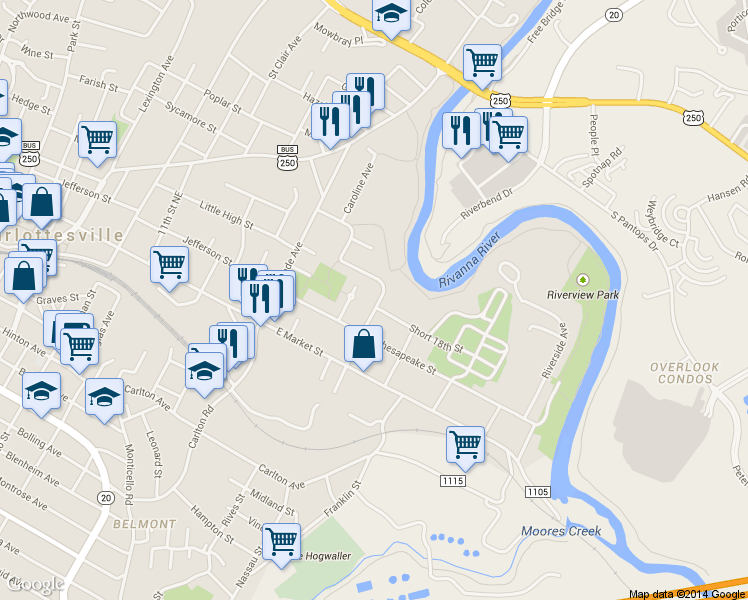 map of restaurants, bars, coffee shops, grocery stores, and more near 1404 Short 18th Street in Charlottesville