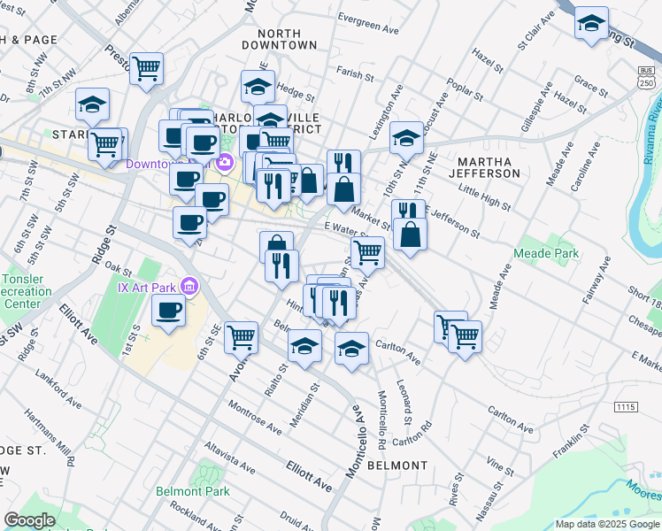 map of restaurants, bars, coffee shops, grocery stores, and more near 129 Goodman Street in Charlottesville