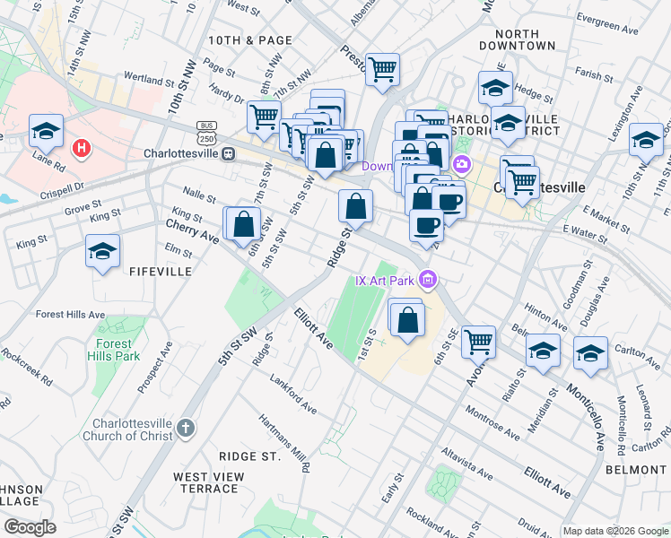 map of restaurants, bars, coffee shops, grocery stores, and more near Almere Avenue in Charlottesville