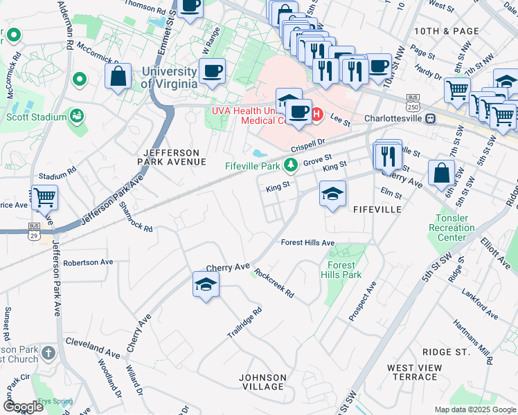 map of restaurants, bars, coffee shops, grocery stores, and more near 517 Paton Street in Charlottesville