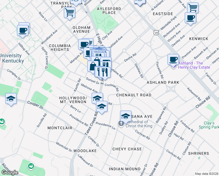 map of restaurants, bars, coffee shops, grocery stores, and more near 120 Old Cassidy Avenue in Lexington