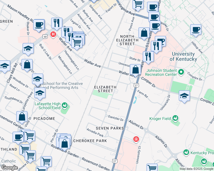 map of restaurants, bars, coffee shops, grocery stores, and more near 210 Floral Park in Lexington