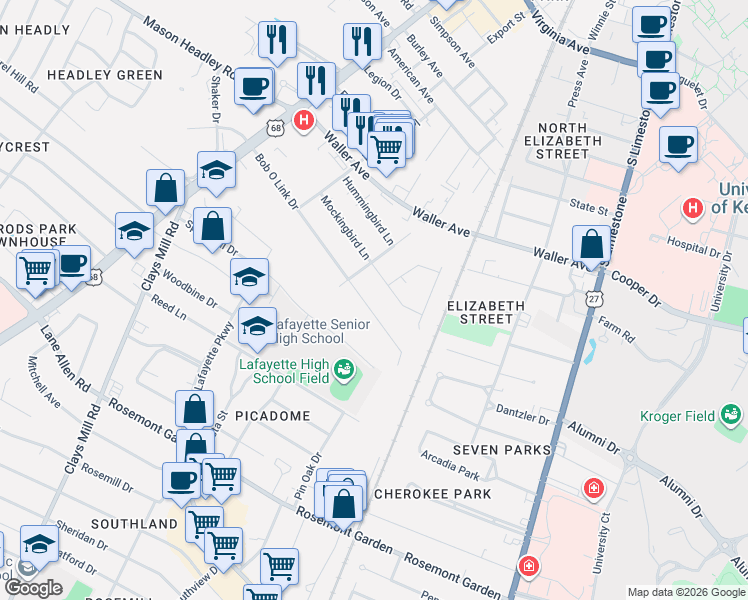 map of restaurants, bars, coffee shops, grocery stores, and more near 378 Bob-O-Link Drive in Lexington