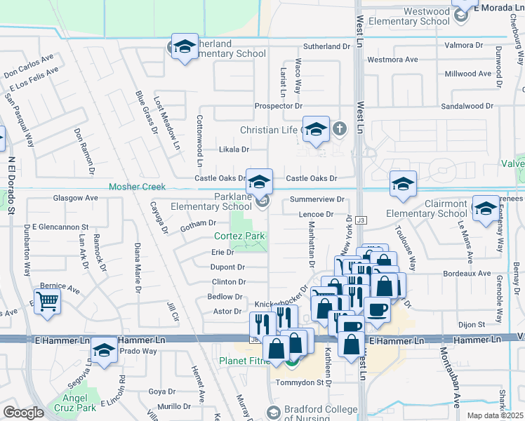 map of restaurants, bars, coffee shops, grocery stores, and more near 8405 Tam O'Shanter Drive in Stockton
