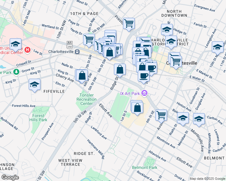 map of restaurants, bars, coffee shops, grocery stores, and more near Almere Avenue in Charlottesville