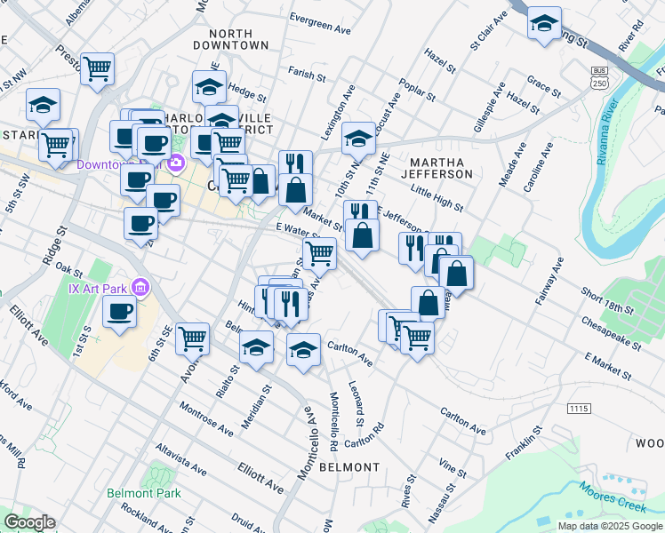 map of restaurants, bars, coffee shops, grocery stores, and more near 202 Douglas Avenue in Charlottesville