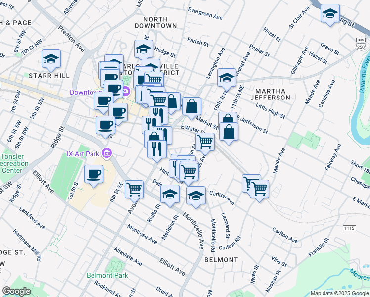 map of restaurants, bars, coffee shops, grocery stores, and more near 710 Graves Street in Charlottesville