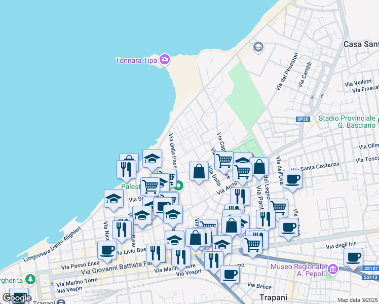 map of restaurants, bars, coffee shops, grocery stores, and more near 41 Via Valenza Benedetto in Trapani
