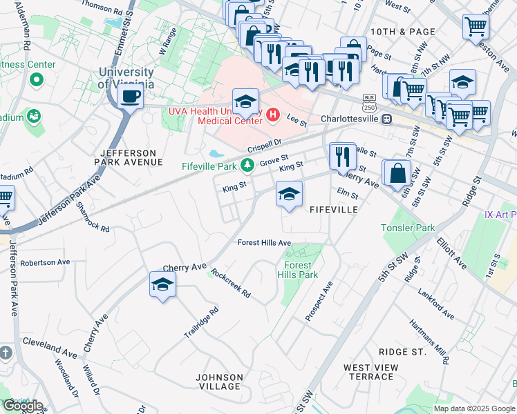 map of restaurants, bars, coffee shops, grocery stores, and more near 1206 Cherry Avenue in Charlottesville