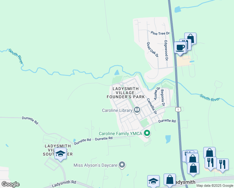 map of restaurants, bars, coffee shops, grocery stores, and more near 7125 Marsh Street in Ruther Glen